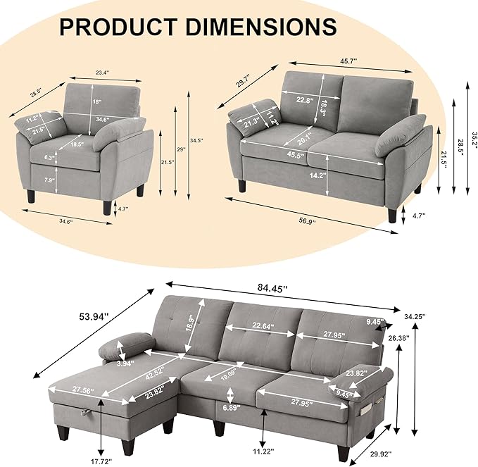 84" Convertible Sectional Sofa Set, 3 Seat L Shaped Couch - Image 2