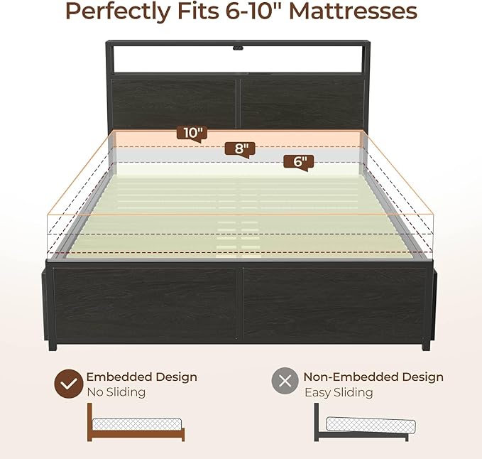 Rolanstar Queen Bed Frame with 4 Storage Drawers & 2-Tier Storage Headboard - Image 7