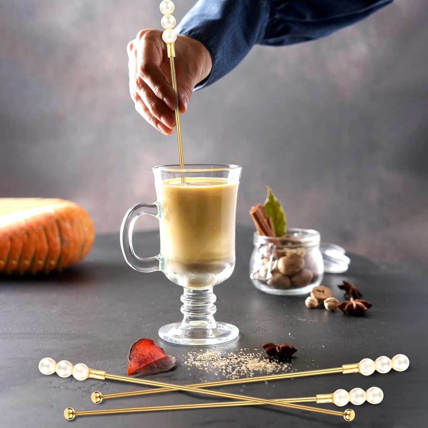 Exquisite Gold Pearl Stainless Steel Coffee Beverage Stirrers Stir Cocktail Drink Swizzle Stick for Wendding Party Value Pack, Hostess Gifts Set of 4, 7.5 Inches Long