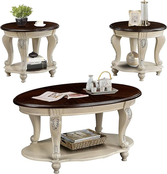 LKTART Oval Coffee Tables Set of 3, Vintage Wood Coffee Table by LKTART