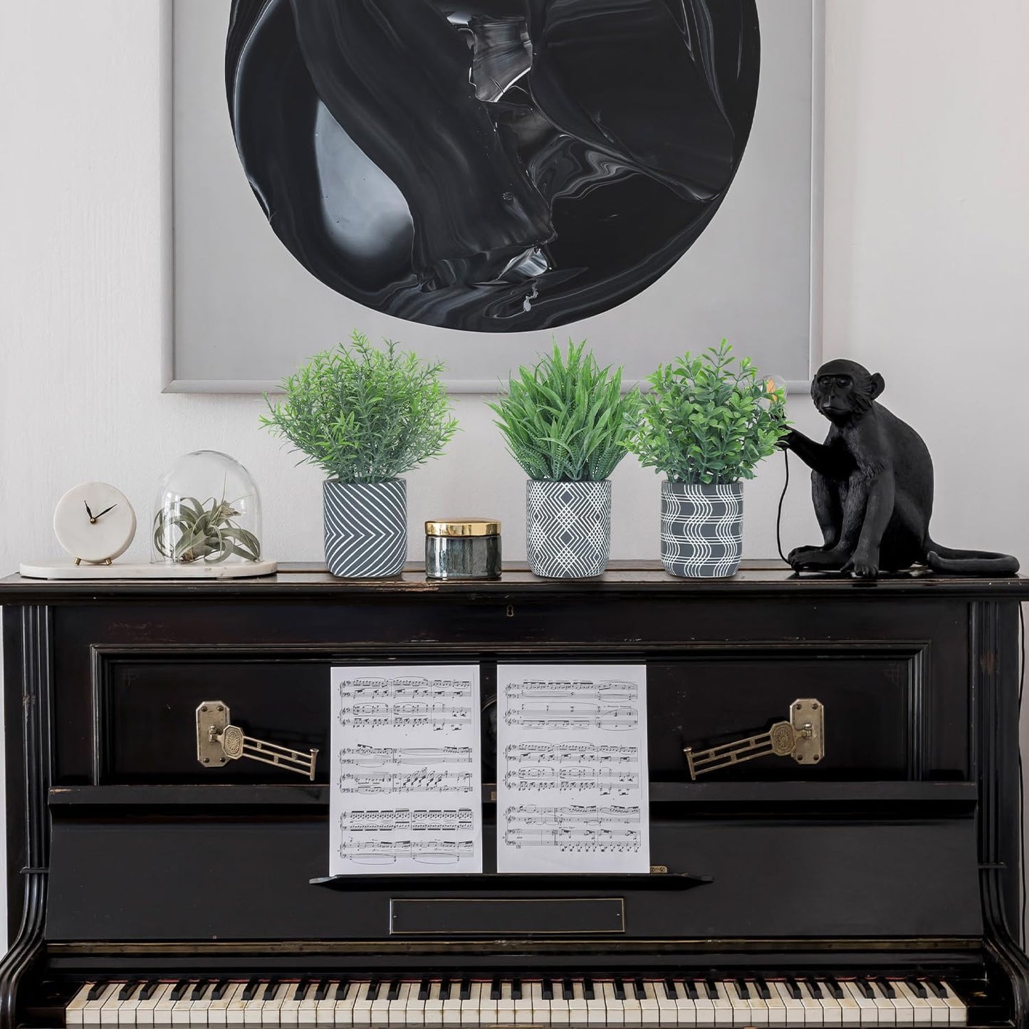 3 Pack Small Fake Plants, Fake Grass Plant, Artificial Boxwood & Rosemary with Geometric Pattern Cement Pots, Small Potted Faux Greenery for Home Decor, Bathroom, Office, Farmhouse Decoration