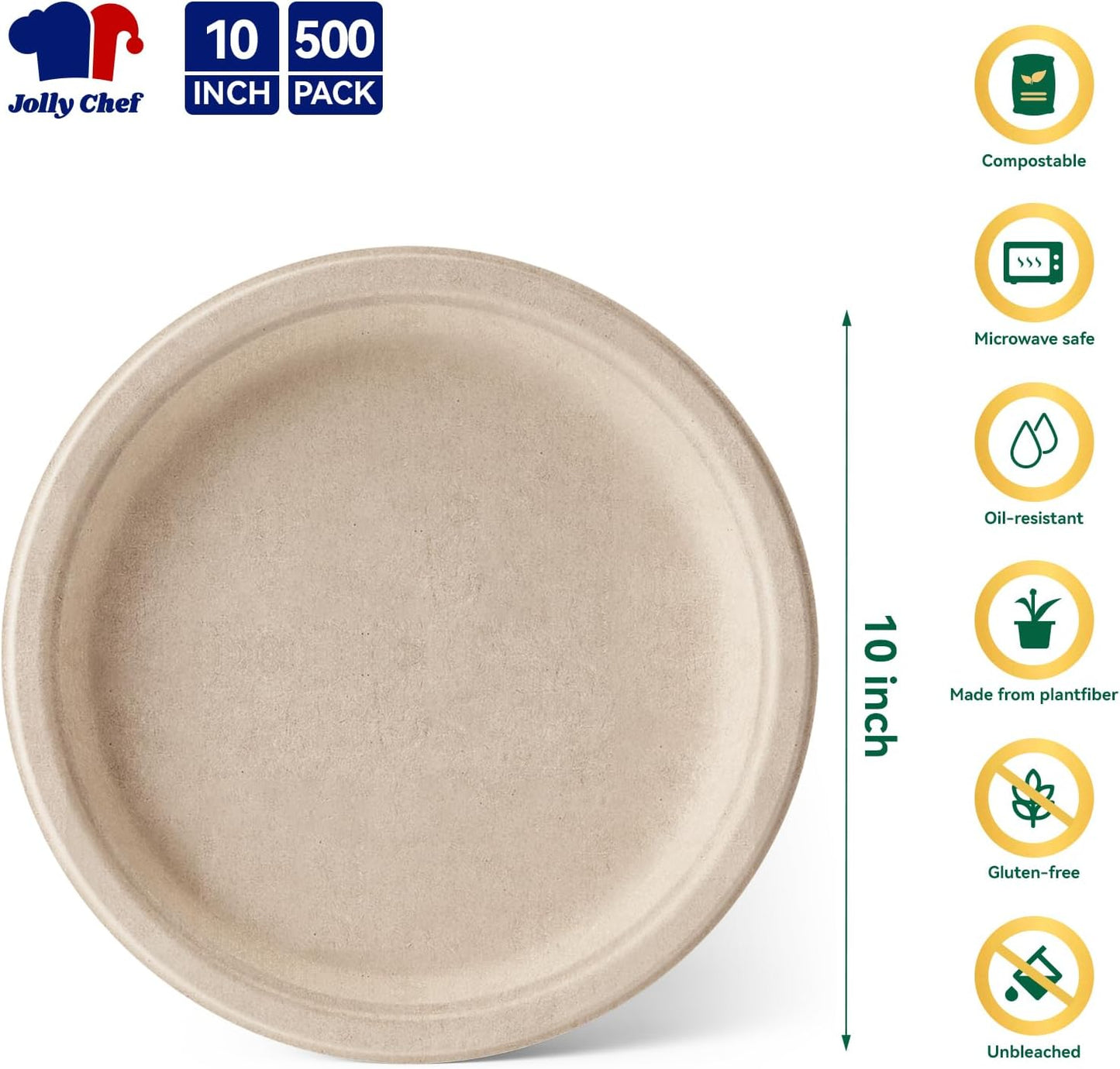 JOLLY CHEF Compostable Heavy Duty Plates 𝟭𝟬 𝗜𝗻𝗰𝗵 [𝟱𝟬𝟬 𝗣𝗮𝗰𝗸] Eco-Friendly Disposable Paper Plates Made of Bagasse Biodegradable Bulk for Party Dinner Sugarcane Fibers Round (Natural)