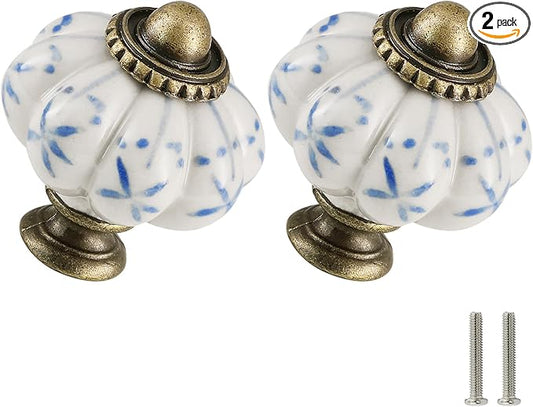 Ivory & Blue Pumpkin Knobs 2 Pack Ceramic Cabinet Knobs Vintage Drawer Pulls by Zernmiarder