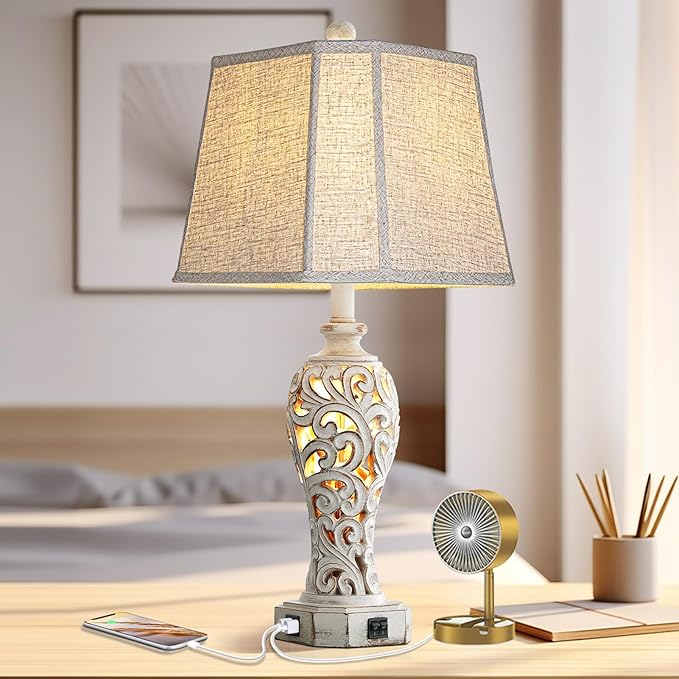 25'' Farmhouse Table Lamp for Living Room Bedroom, 2 USB Ports Vintage Rustic - Image 6