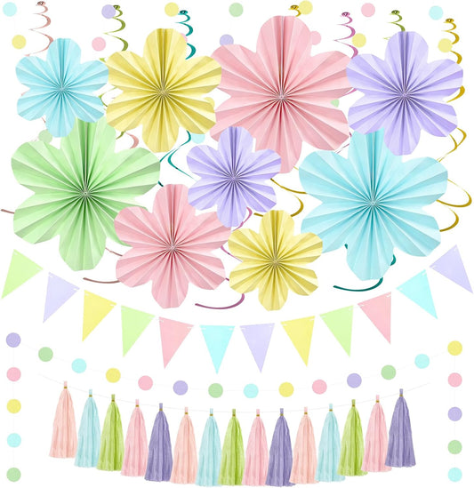Pastel Rainbow Party Decorations, Pastel Birthday Decorations with Colorful Hanging Paper Flowers,Tassel Garland and Swirls for Boys Girls, Baby Showers Wedding Party Supplies