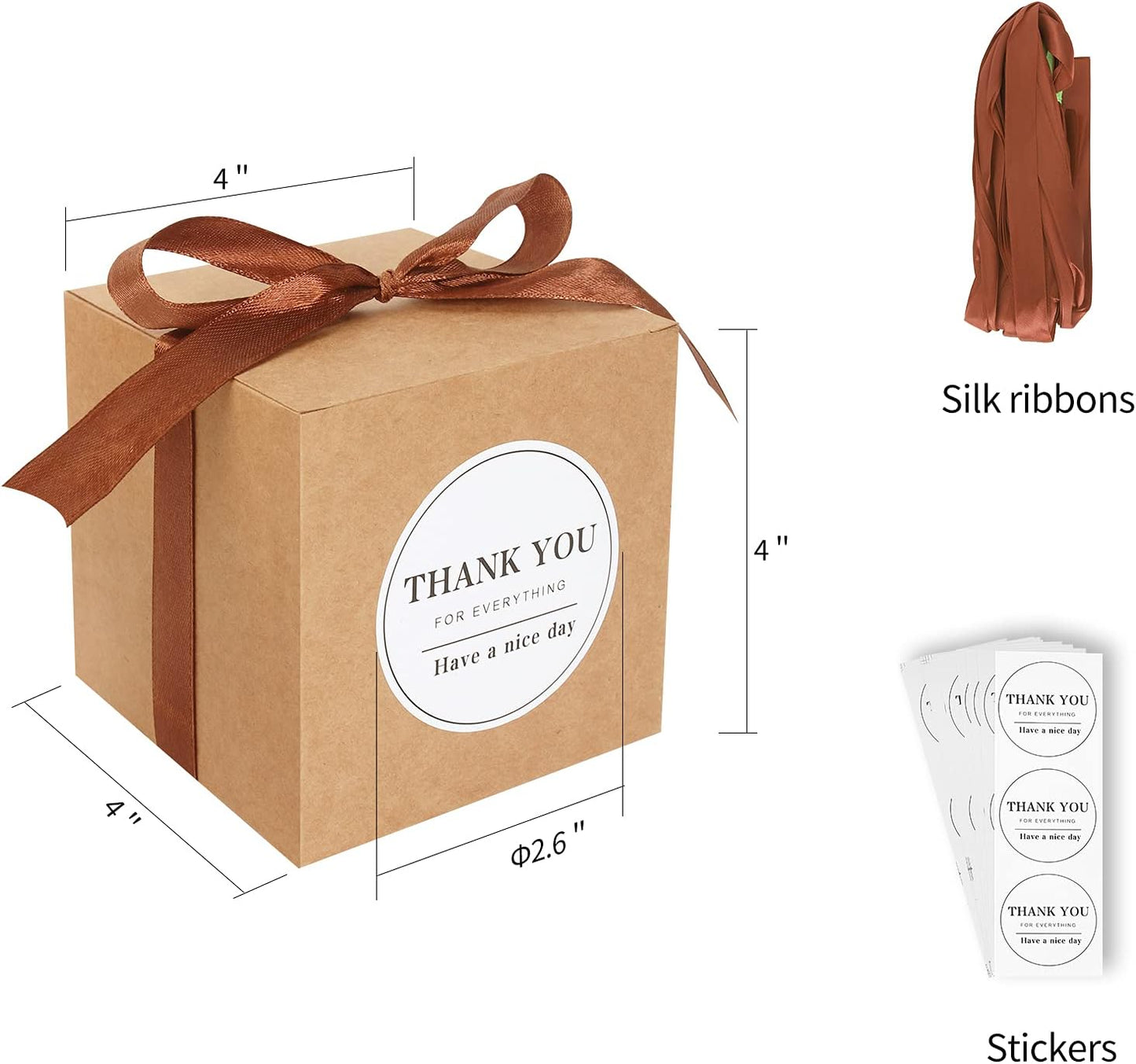 COTOPHER Small Gift Boxes 60 Pack 4x4x4 inches Brown Gift Boxes with Lids for Gifts, Crafting, Wedding Party Favor, Cupcake Boxes, Candy, Bridesmaids Proposal Box with Ribbons and Stickers (Brown, 60)