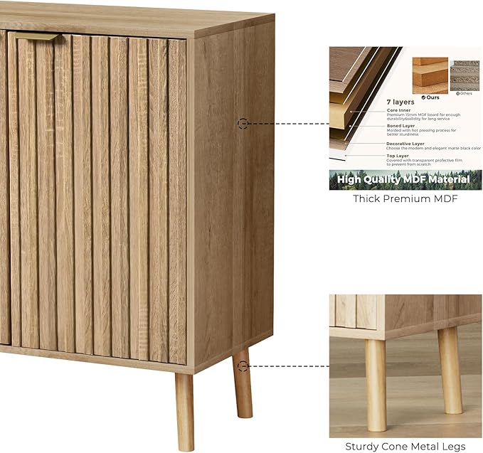 Vrullu Fluted Storage Cabinet, Free Standing Buffet, Wood Sideboard, Dining Room - Image 5