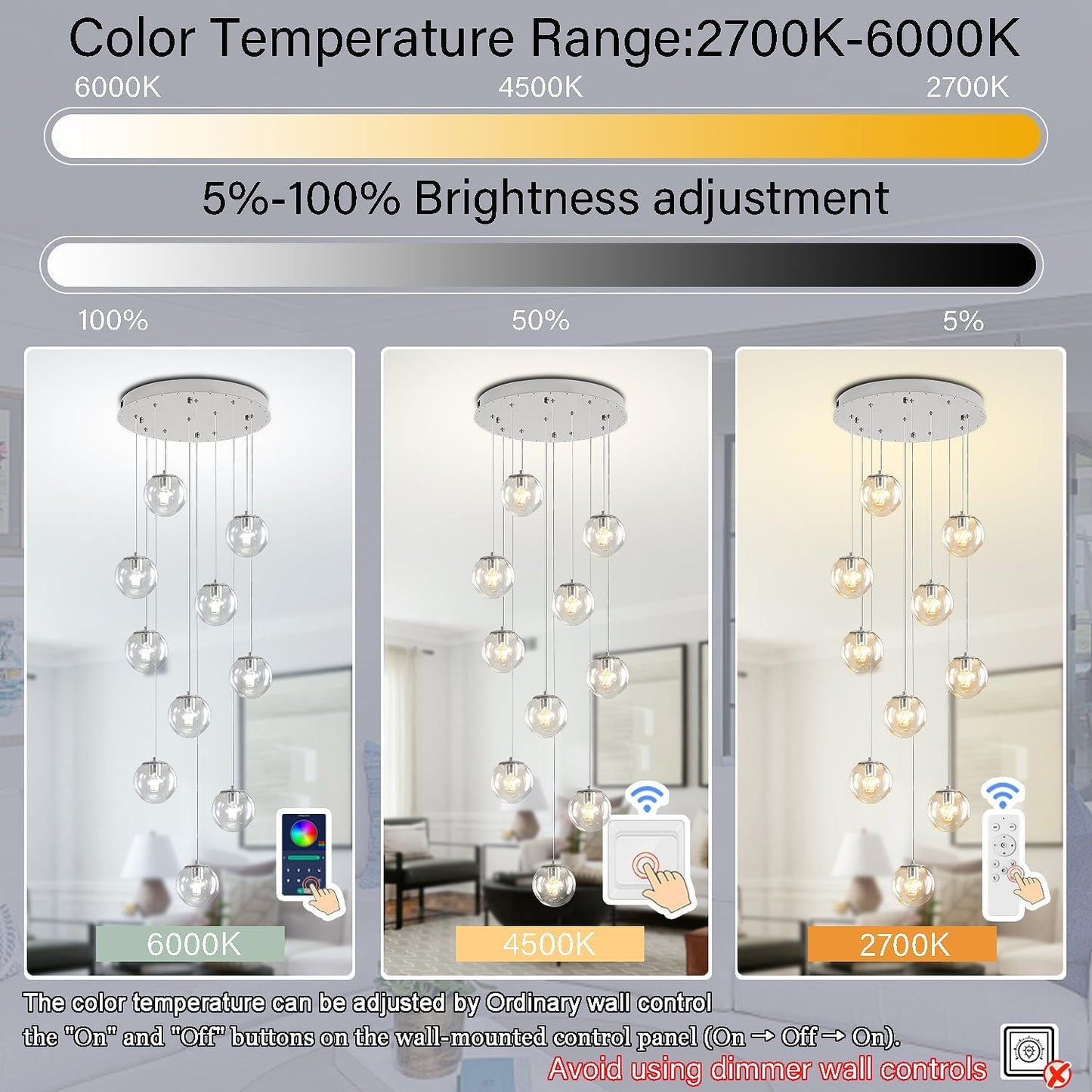 H118 Staircase Chandelier for Entryway Modern Globe Chandelier 12-Lights Glass Globe Pendant Light Large Chandeliers for High Ceiling Foyer Stairwell