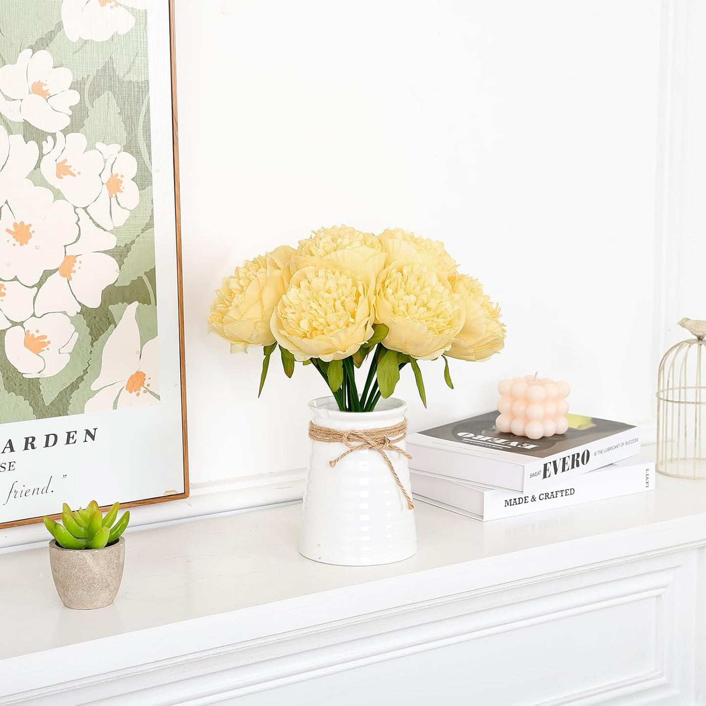 U'Artlines 10 Heads Artificial Peony Silk Flower Leaf Home Office Wedding Party Festival Bar Decor (Yellow)