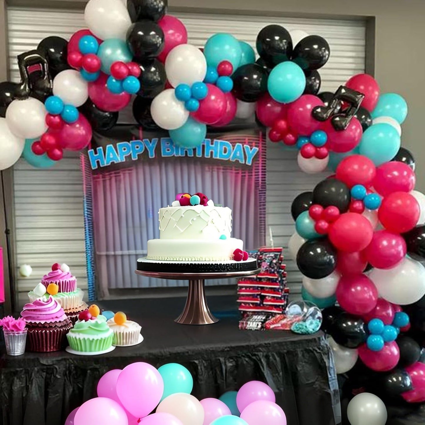 Paready Disco Music Party Balloons, 30 Pcs 12 Inch Hot Pink Black Blue and White Latex Balloons with Ribbons for 80s 90s Disco Music Party Hip Hop Theme Party Birthday DJ Short Video Party Decoration