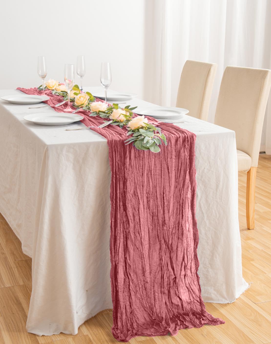 8 Pack 10Ft Table Runner 35x120 inch Dusty Rose Boho Gauze Table Cheese Cloth Long Wrinkled Sheer Table Runner for Wedding Bridal Shower Birthday Party Table Decor