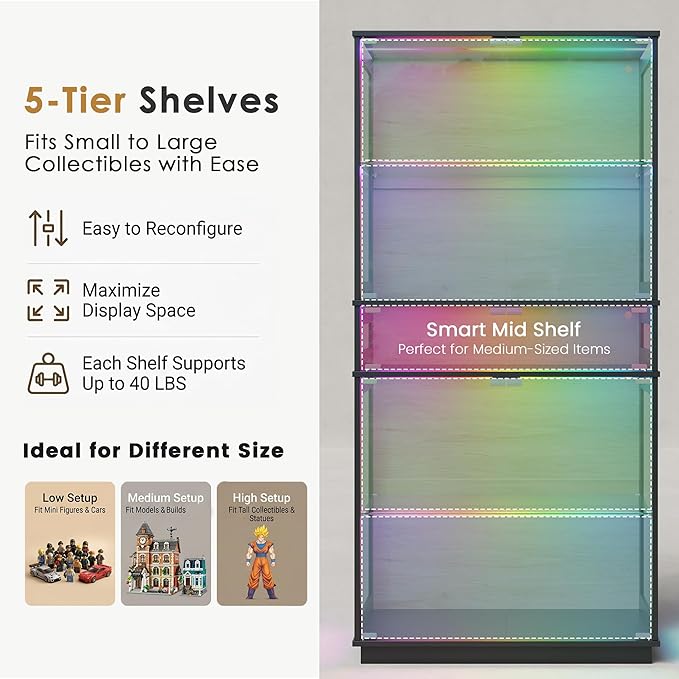 RGB Glass Display Cabinet, 5-Tier Lighted Display Case - Image 5