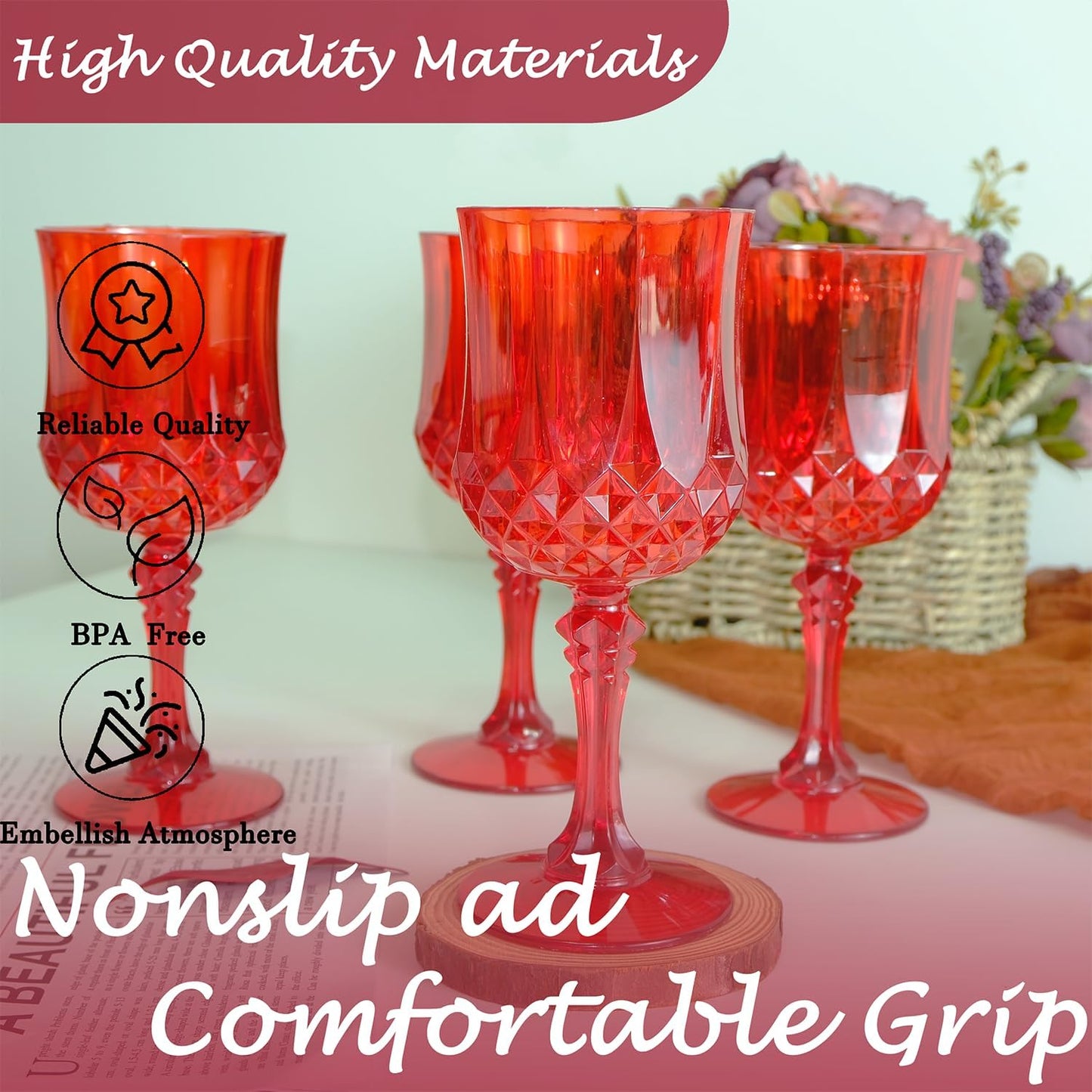 Plastic Wine Glasses，Plastic Goblets Vintage Style Cordial Drinking Glasses for Wedding Reception, Christmas Grand Event Party Supplies (48, Red)