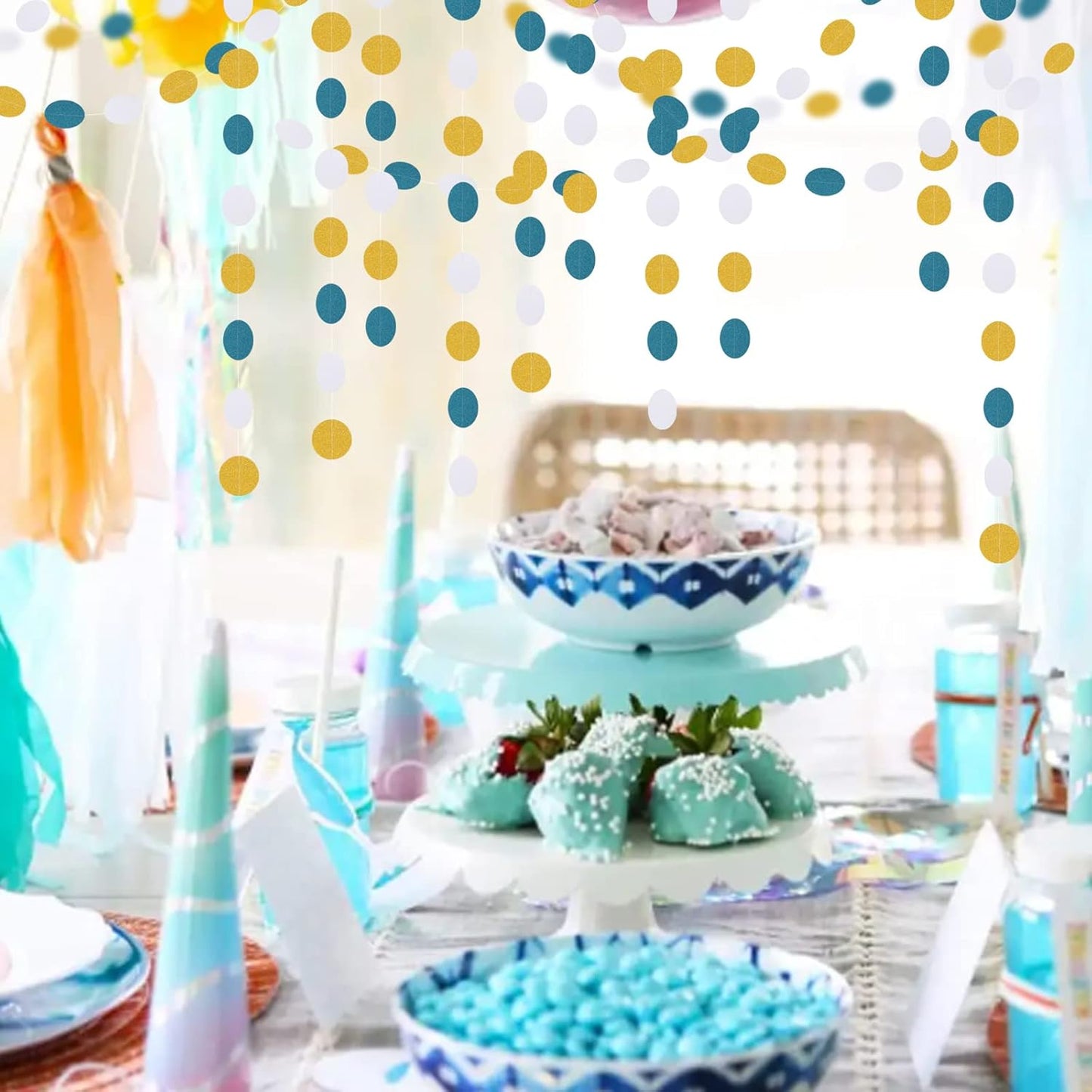 Teal-Turquoise White-Gold Party-Decorations Garland Streamers - 52Ft Woman Girl Birthday Paper Banner,Graduation Wedding Bachelorette Engagement Bridal Baby Shower Backdrop Decor Panduola