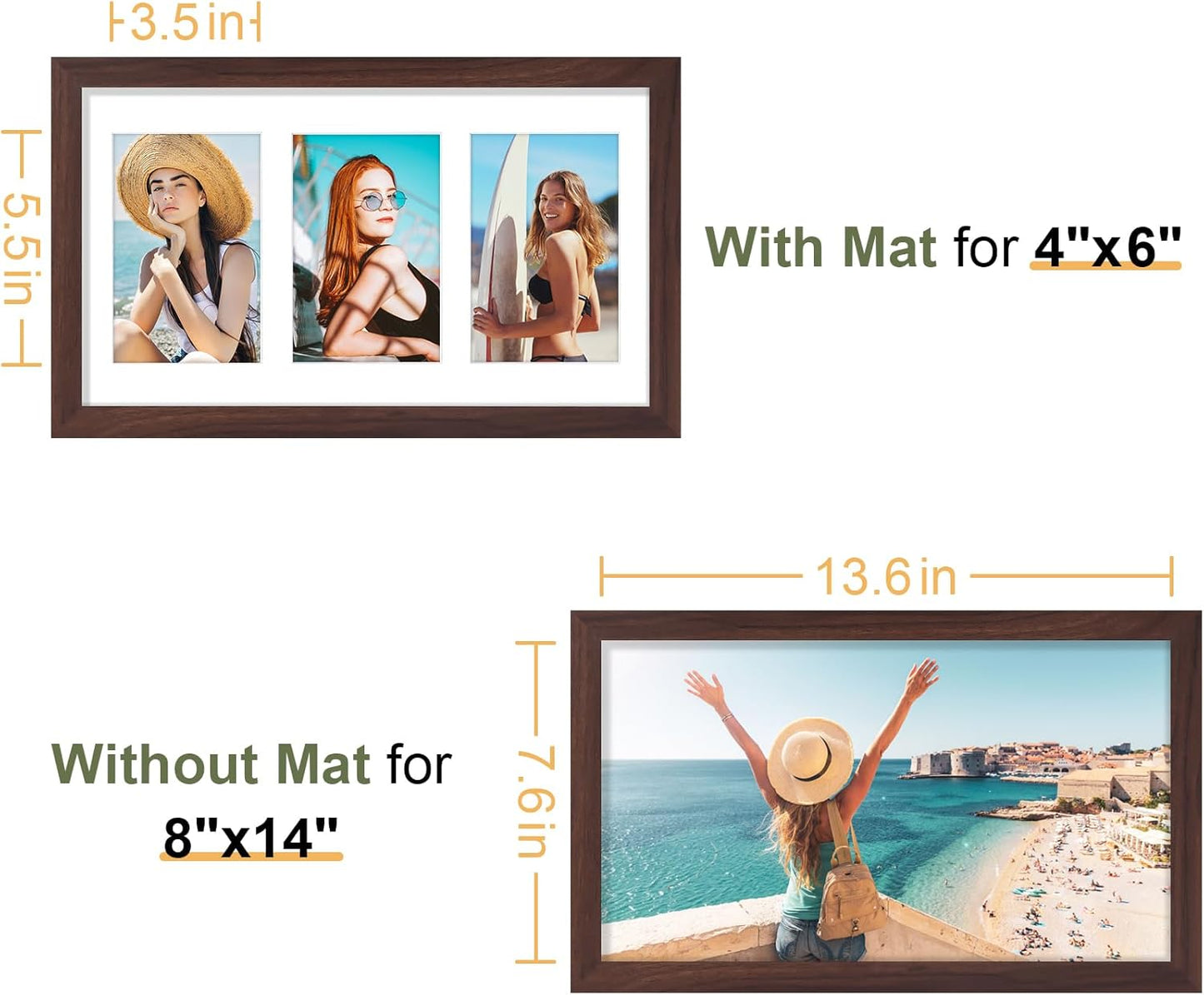 Vittanly 8x14 Picture Frames Collage, Displays 3Pcs 4x6 Pictures with Mat, Collage Picture Frame for Horizontal or Vertical Display, Brown, 1 Pack