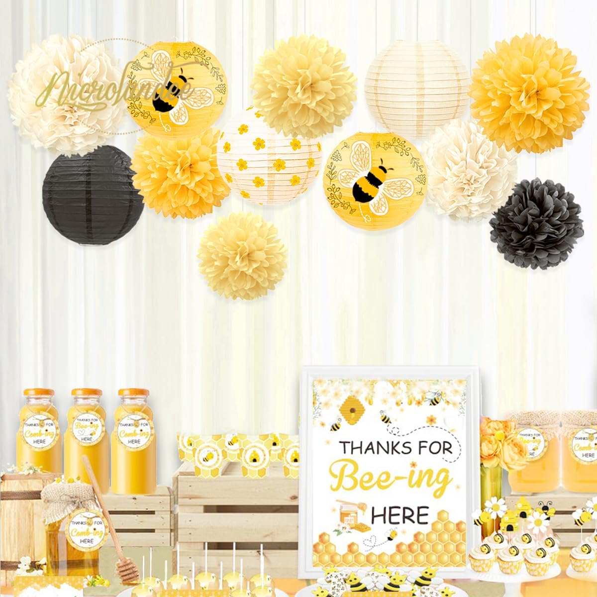 NICROLANDEE Bee Party Decorations, 12PCS Yellow Hanging Paper Lanterns Tissue Pom Poms Decor for Bee Day Party, Bee Themed Birthday Decorations, Yellow Flower Bumble Baby Shower