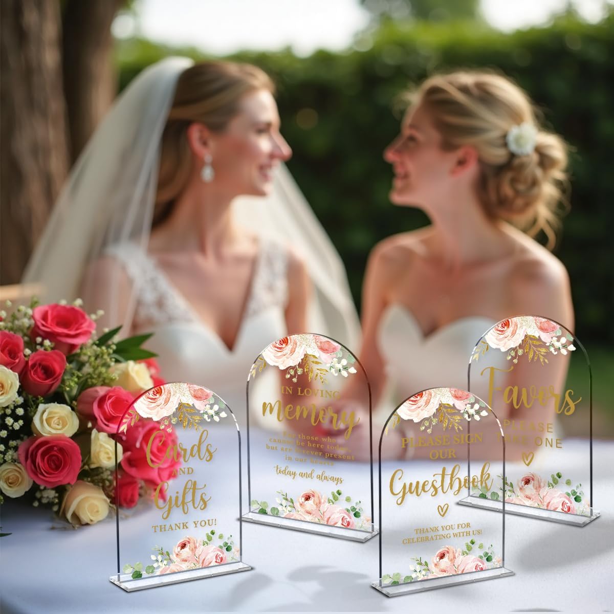 4 Pcs Acrylic Wedding Signs for Reception, Bridal Shower Decorations, Cards and Gifts Signs, Guest Book Sign, Arch Acrylic Table Top Sign with Holder for Wedding Reception (Clear Pink Flowers)