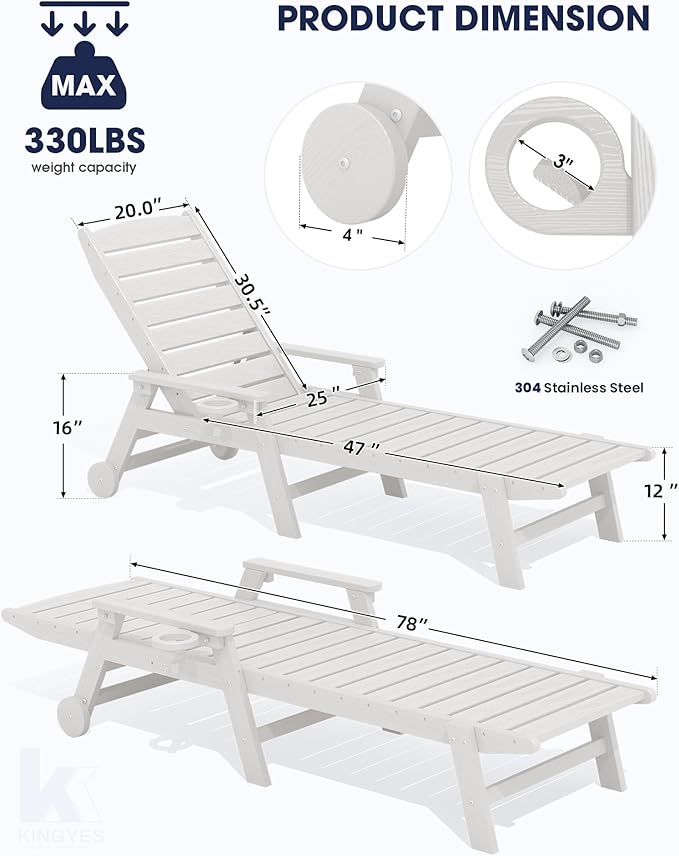 KINGYES HDPE Lounge Chair Outdoor, Patio Chaise Lounge Recliner - Image 2
