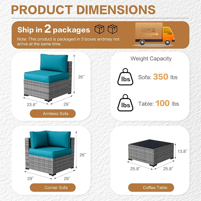 MOCHITO 5 Pieces Outdoor Patio Furniture Sets, All-Weather Sectional Sofa Grey - Image 5