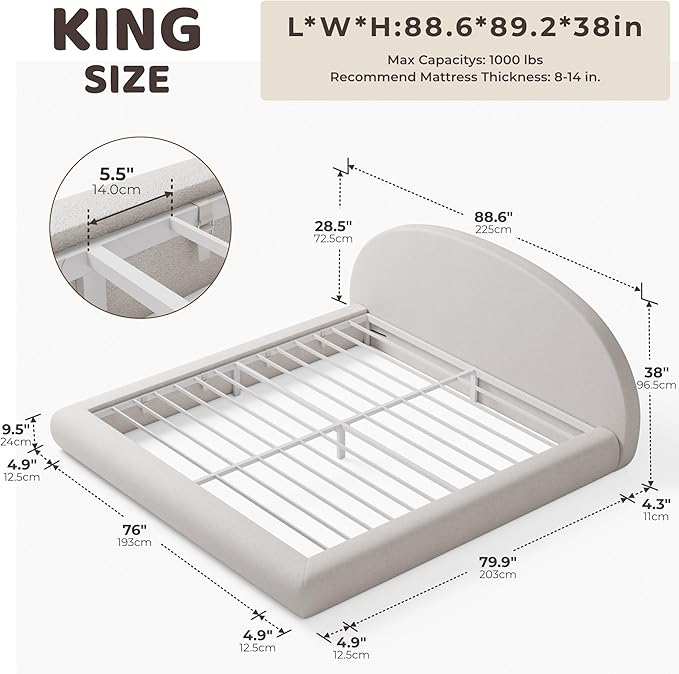 RECCI AirFrame Half-Moon Upholstered King Platform Bed Frame, Velvet Curved - Image 2