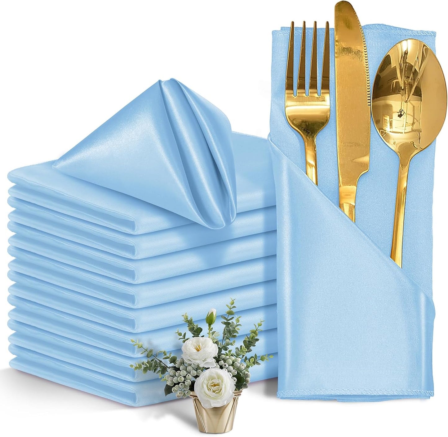 12 Pieces Light Blue Satin Napkins, 17" x 17" Square Table Napkins, Silky Soft Smooth Washable Napkins for Restaurant, Weddings, Dinner, Party Decoration