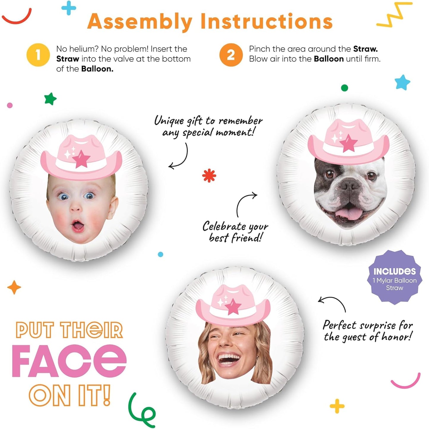 Big Dot of Happiness Personalized Pink Rodeo Cowgirl Fun Face Photo Balloon, Western Bachelorette or Birthday Party Decorations, Custom Double-Sided Circle Mylar, 1 Piece