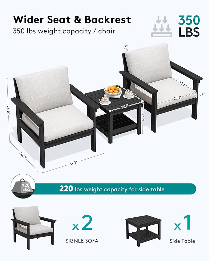 SERWALL HDPE Patio Sofa Set, 3-piece Sectional Outdoor Furniture Set, All - Image 2