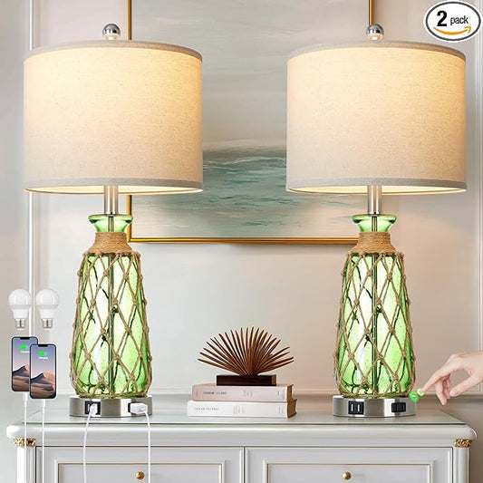 Ruzectt 25.5" Green Glass Table Lamps Set of 2, 3-Way Dimmable Touch Control by Home
