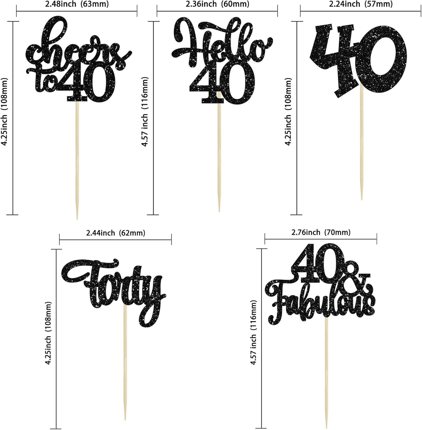 30pcs Happy 40th Birthday Cupcake Toppers - Black Glitter Forty Cheers to 40 Years Old Cupcake Picks for Anniversary Party Cake Decorations