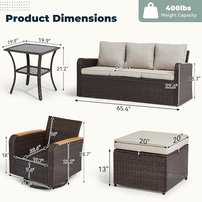 6 Pieces Wicker Patio Furniture Sets, Patio Conversation Set PE Rattan - Image 2