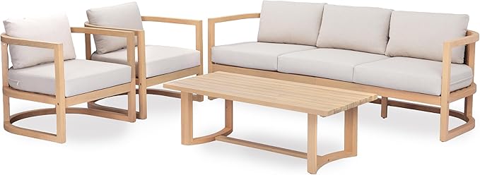Merax 4 Piece Rattan Woven Paito Conversation Set, All-Weather Acacia Wood 3 - Image 3