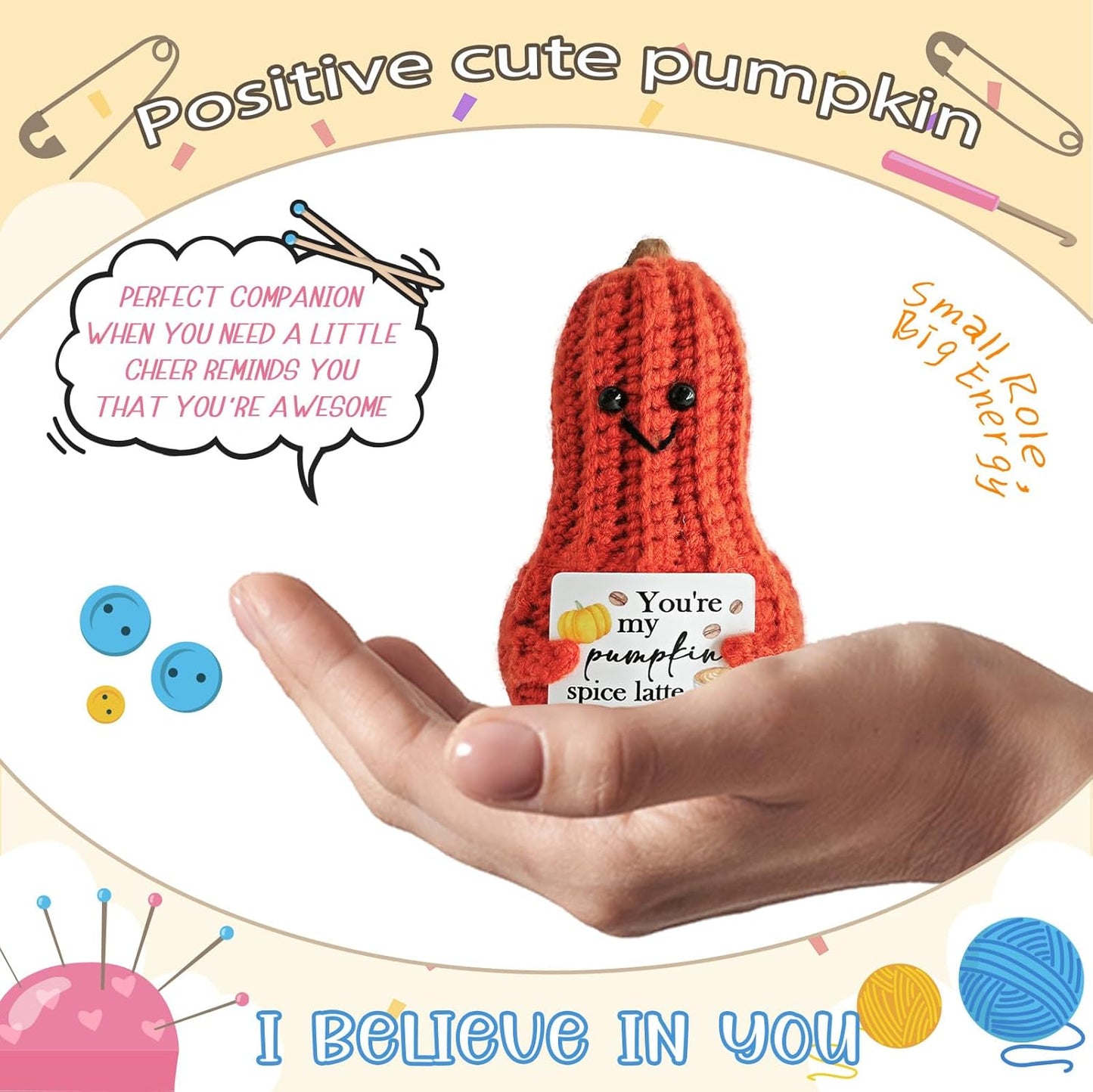 Little Reminders Emotional Support Crochet Pumpkin,Positive Crochet Pumpkin with Positive Affirmations Cards,Daughter's Gifts for Mother,Birthday and Catholic Christian Decor,Desk Decoration
