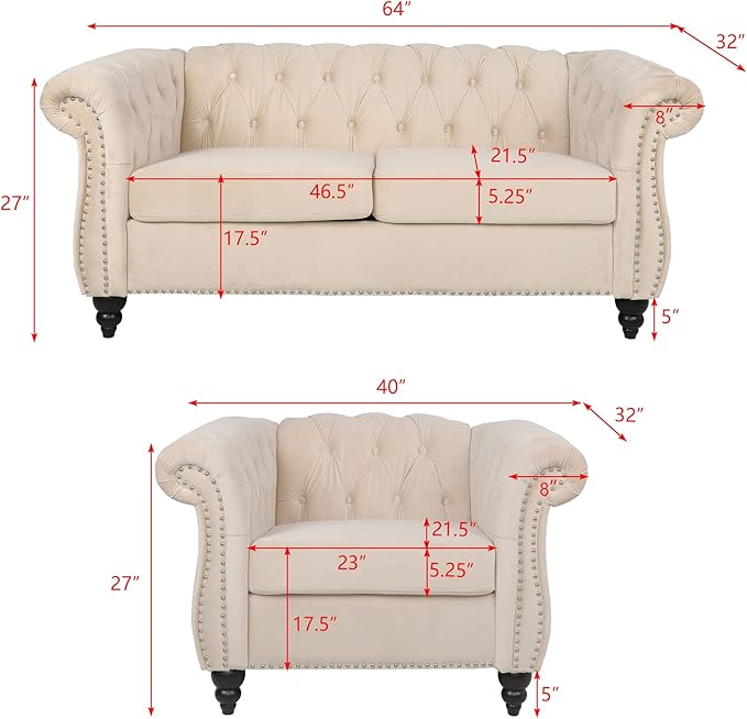 RARZOE Chesterfield Loveseat Sofa Set, 1+2 Seater - Image 2
