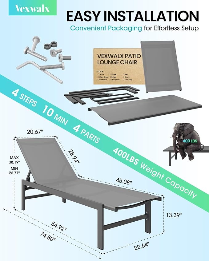 Vexwalx Outdoor Lounge Chairs Set of 2, Aluminum Patio Chaise Lounge Chairs - Image 3