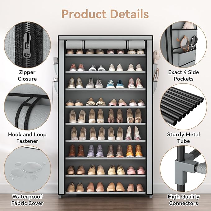 LANTEFUL Shoe Rack with Covers 10 Tier Tall Shoe Rack Organizer Large Capacity - Image 4