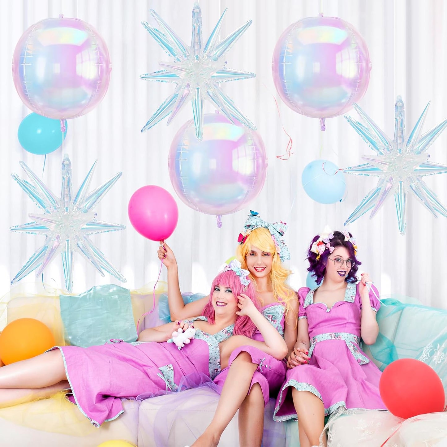 6Pcs Iridescent Foil Balloons, 22in 4D Round Ball and 18in Explosion Star Iridescent Balloons, Large Holographic Clear Foil Balloon for Birthday Mermaid Rainbow Wedding Party Supplies