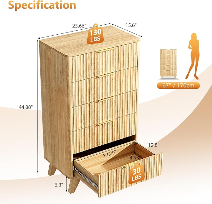 VINGLI Fluted Tall Dresser 5 Drawer, 23.66" W Chest of Drawers, Oak Wood Dresser - Image 2