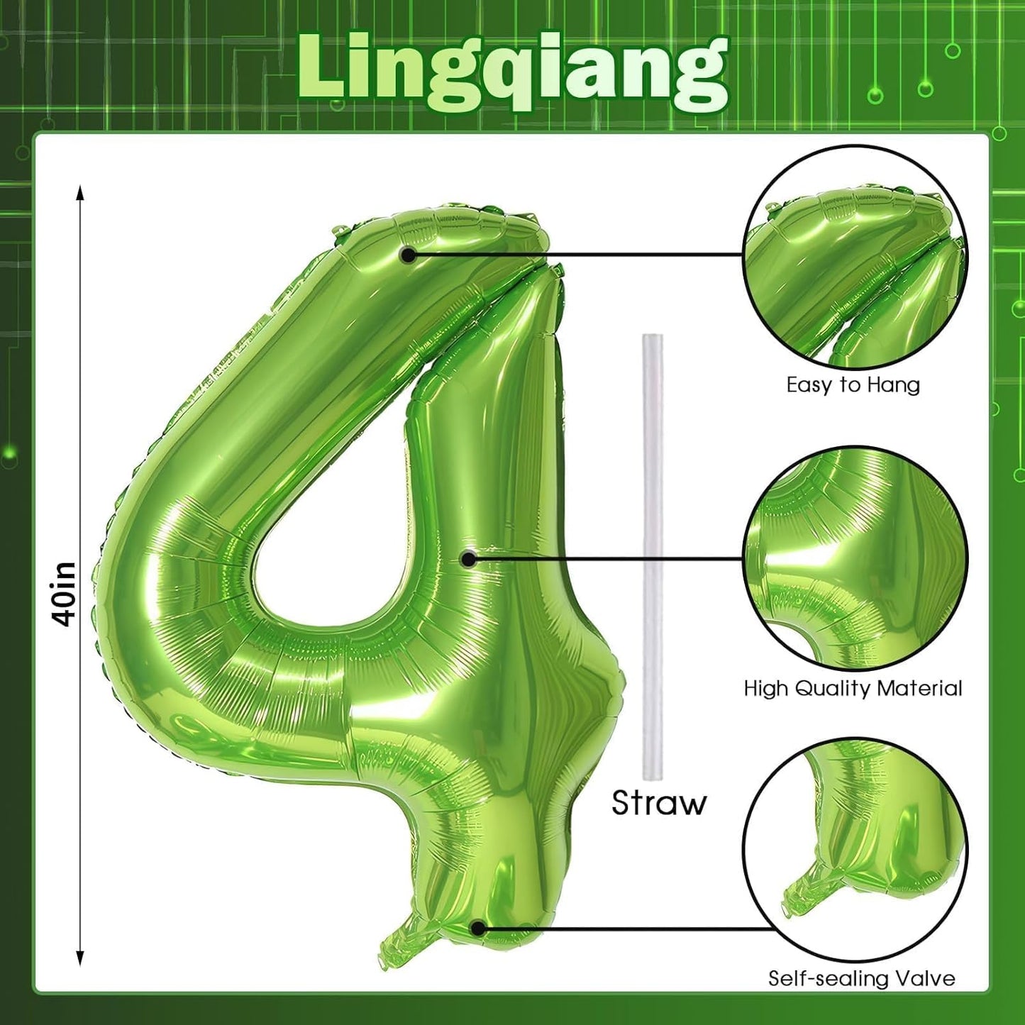 Green 4 Balloons, 40 Inch Large Foil Number Balloons Set 0-9, Self Inflate Digital 4 Helium Balloon for Boys Girls Men Women Jungle Birthday Anniversary Party Decorations Photo Shoot Supplies
