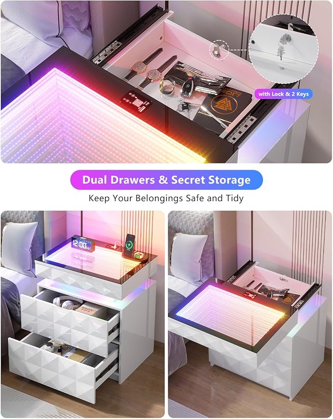 HWB Nightstand with RGB Lights, 3 Drawers Night Stand with Hidden Storage - Image 7