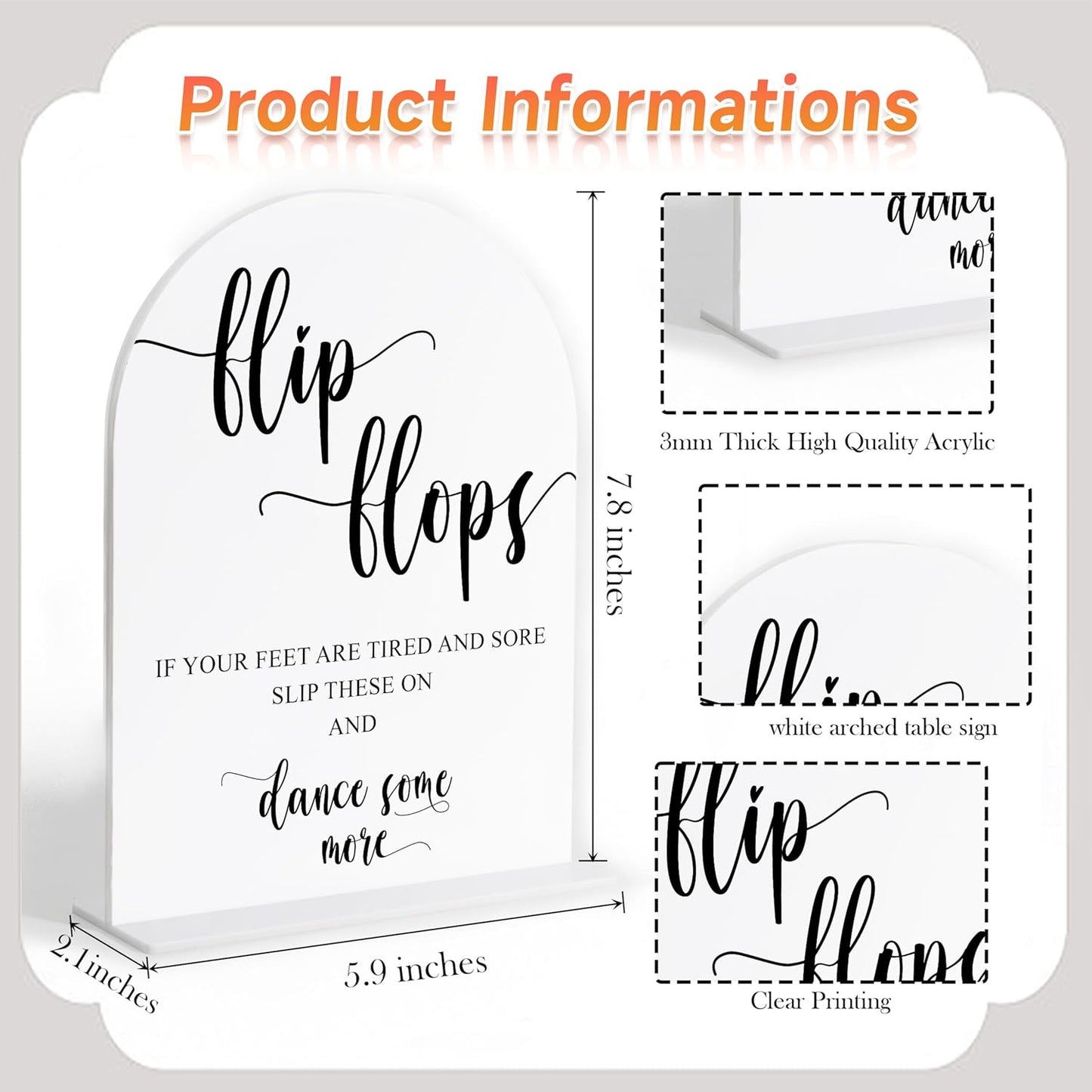 Wedding Flip Flops for Guests Sign, White Arch Acrylic Sign, Wedding Dance Floor Props, Bridal Shower Decor, Engagement Party Decor, Centerpiece Table Decorations Party for Bride and Groom-12