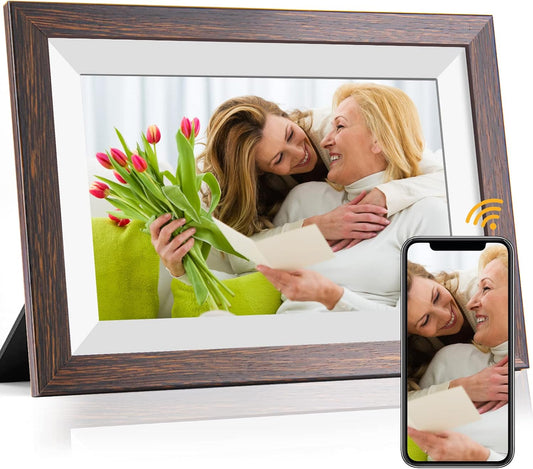 Frameo-Digital-Picture Frame 10.1 Inch Electronic-Digital Photo Frame with IPS Touch Screen HD Display, Smart WiFi Photos or Videos Farme via Free Frameo APP (Brown Wood Frame)