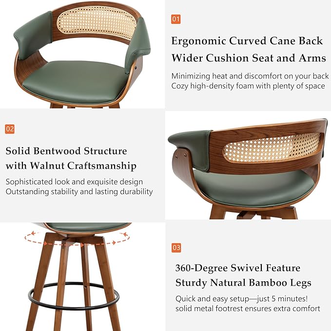 Set of 3 Rattan Swivel Counter Stools - Image 3