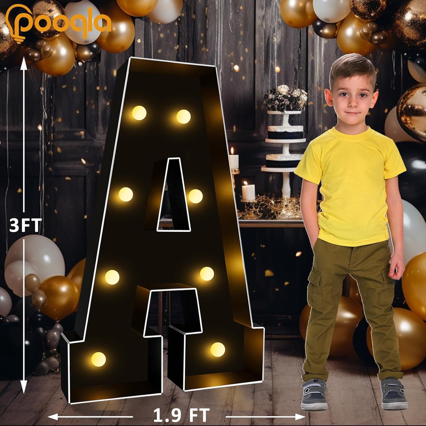Pooqla 3FT Marquee Light Up Letters, Black LED Party Decor Large Marquee Letters 3 Feet Tall, Giant Mosaic Letter for Birthday Graduation Anniversary Wedding Decoration, Letter A