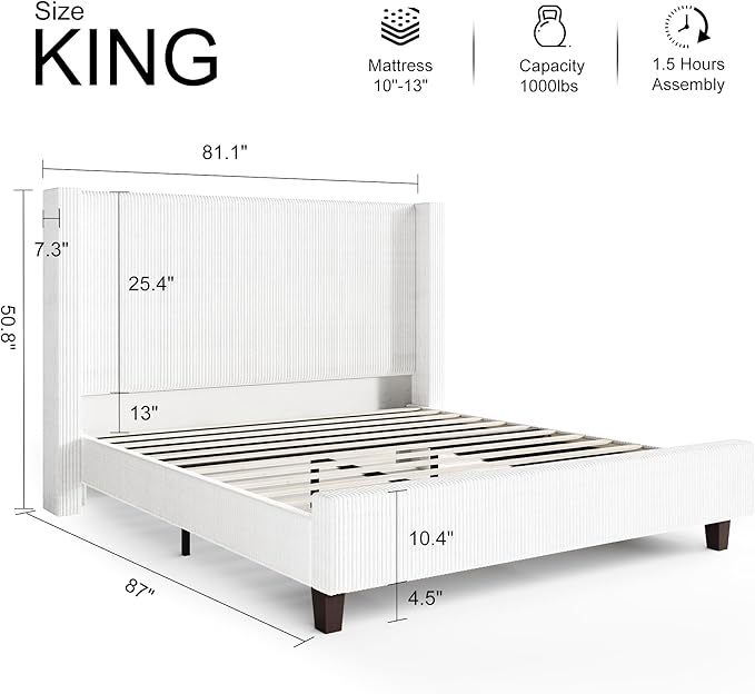 HOWE King Size Bed Frame with 50.8" Tall Wingback Headboard, Modern Corduroy - Image 2