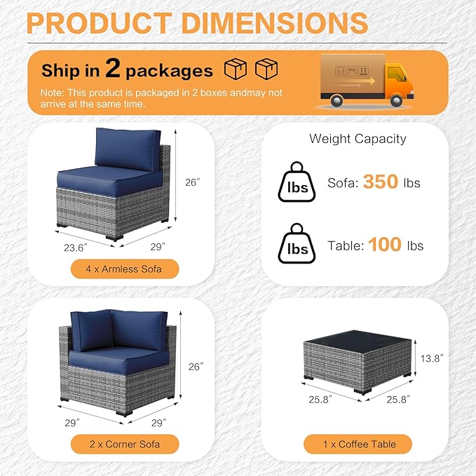 MOCHITO 7 Pieces Outdoor Patio Furniture Sets, All-Weather Sectional Sofa Grey - Image 5
