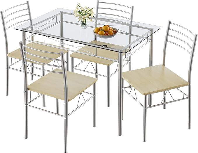 VECELO Dining Table Set for 4, 5-Piece Glass Kitchen Table by VECELO
