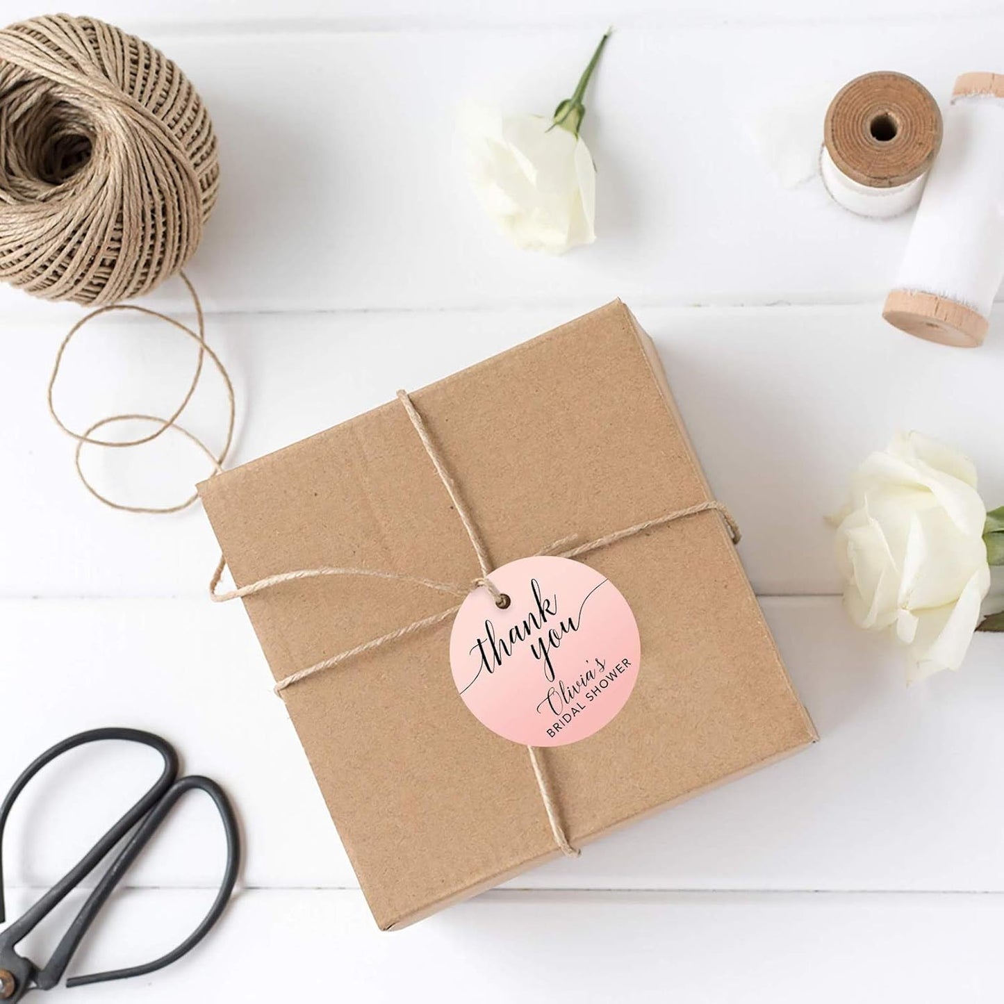 Andaz Press Personalized Blush Pink Rose Elegant Party Collection, Round Circle Tags, Thank You Olivia's Bridal Shower, 24-Pack, Custom Favors Decor