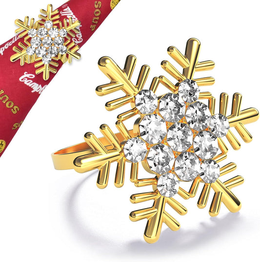 Halatool Christmas Napkin Rings Set of 6, Gold Snowflake with White Rhinestone Napkin Holder for Christmas Thanksgiving Winter Holiday Place Setting, Weddings, Party Table Decoration