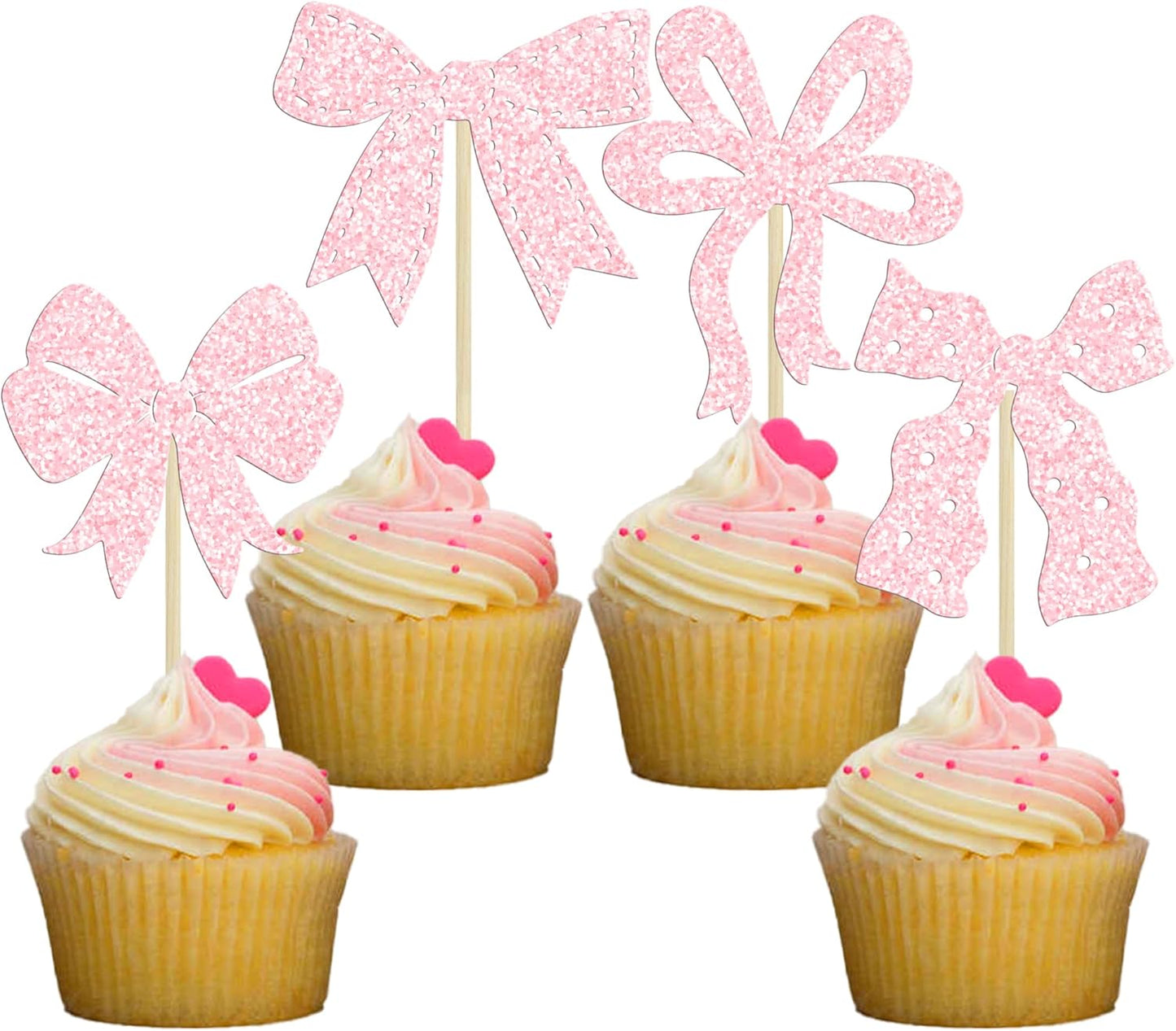 Ephlyn 24Pcs Light Pink Bow Cupcake Toppers - Bowknot Cupcake Decorations for Bridal, Baby Shower, Wedding Themed Party