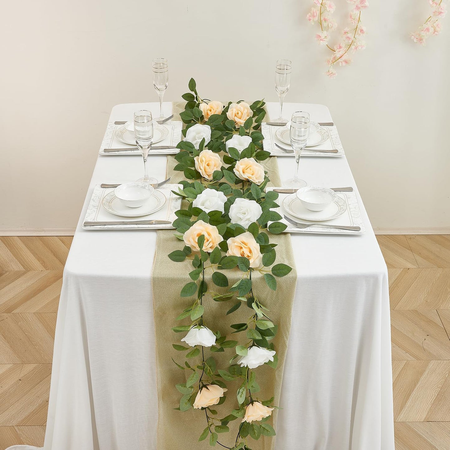 Artificial Rose Garlands Rose Vines Leaves Banners Hanging Floral Garland Fake Rose Flower Vine Wall Decorations, Champagne